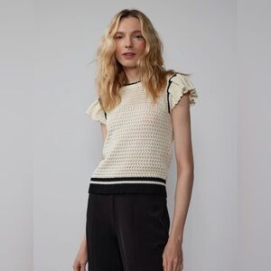 🛍️NWT Flutter Sleeve Crochet Sweater Tee - Large -Paper White with Black…